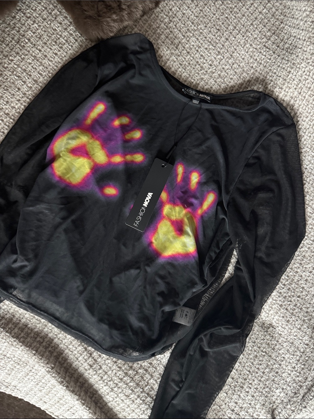 Fashion Nova Black Mesh Long Sleeve Top with Neon Yellow & Pink Handprints